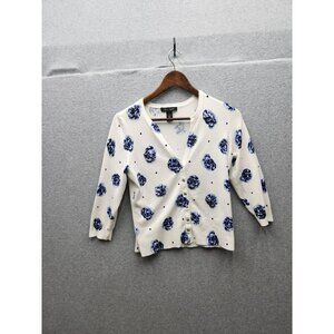 White House Black Market S Womens Floral & Polka Dot Button-Up Cardigan - Blue &